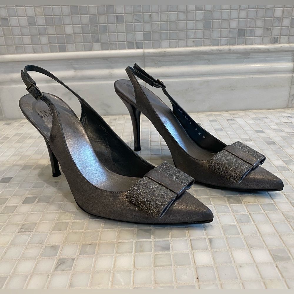 Stuart Weitzman Silver Slingback with Bow - Picture 1 of 9